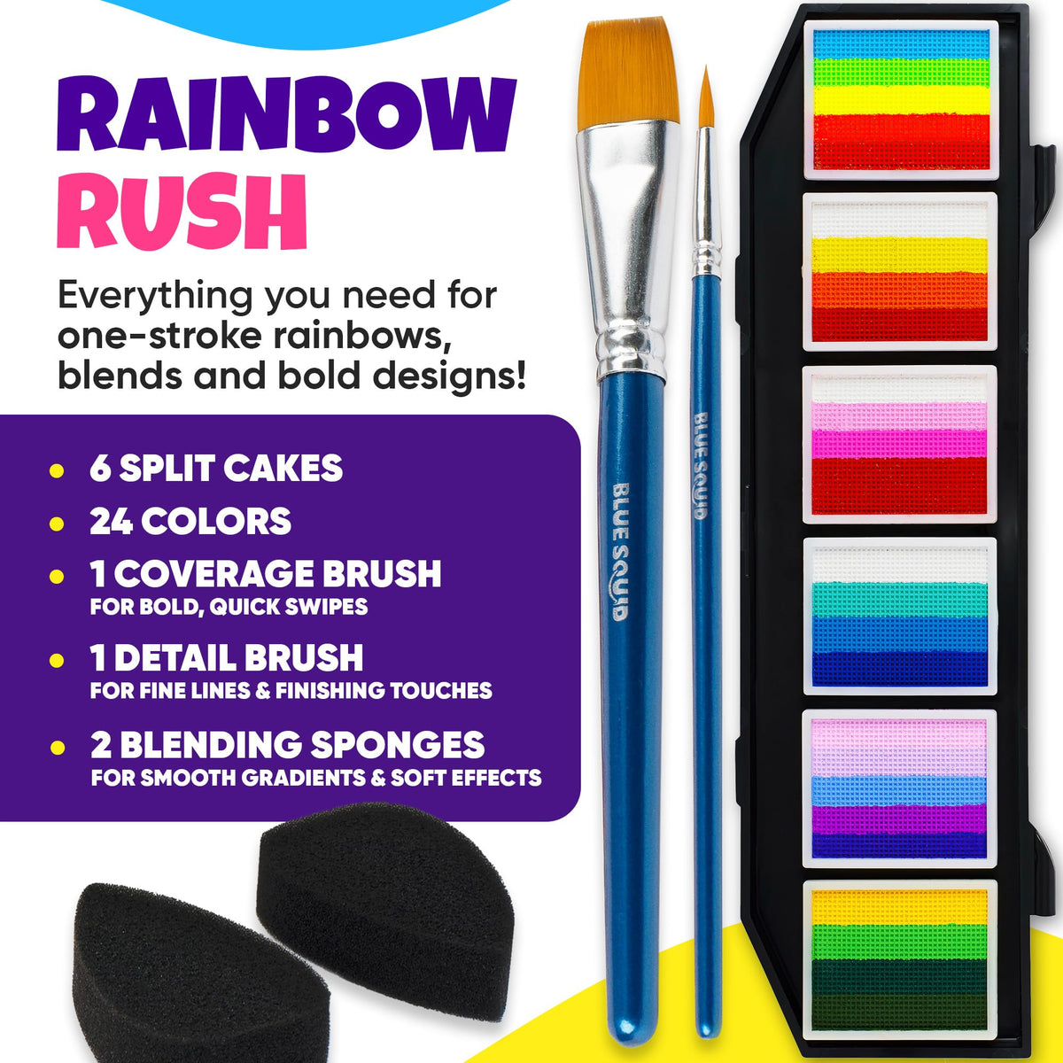Blue Squid Face Painting Kit for Kids – 60g/2.12oz Split Cake Face Paint Palette, One Stroke Rainbow Colors, with Brushes & Stencils - Non-Toxic, Water Activated - Kids Party & Halloween Makeup Kit